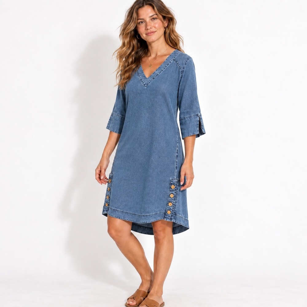Soft Surroundings Tencel Lyocell Denim Shift Dress Blue V-Neck Button Hem Large